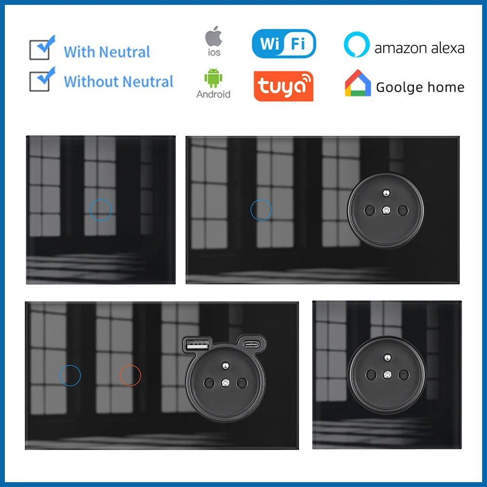 VISWE WiFi Touch Switch French socket black 82mm Full mirror crystal glass panel 16A Light Smart Switches two wiring modes