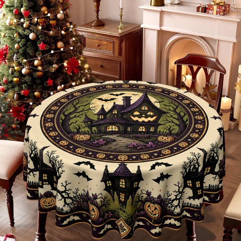 One tablecloth, with a Halloween theme, featuring haunted houses and bats, suitable for a family kitchen.zyc