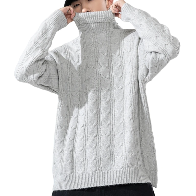 Thick Warm Knitted Turtleneck Sweater Men Casual Winter Solid Long Sleeved Pullover High Neck Black White Gray