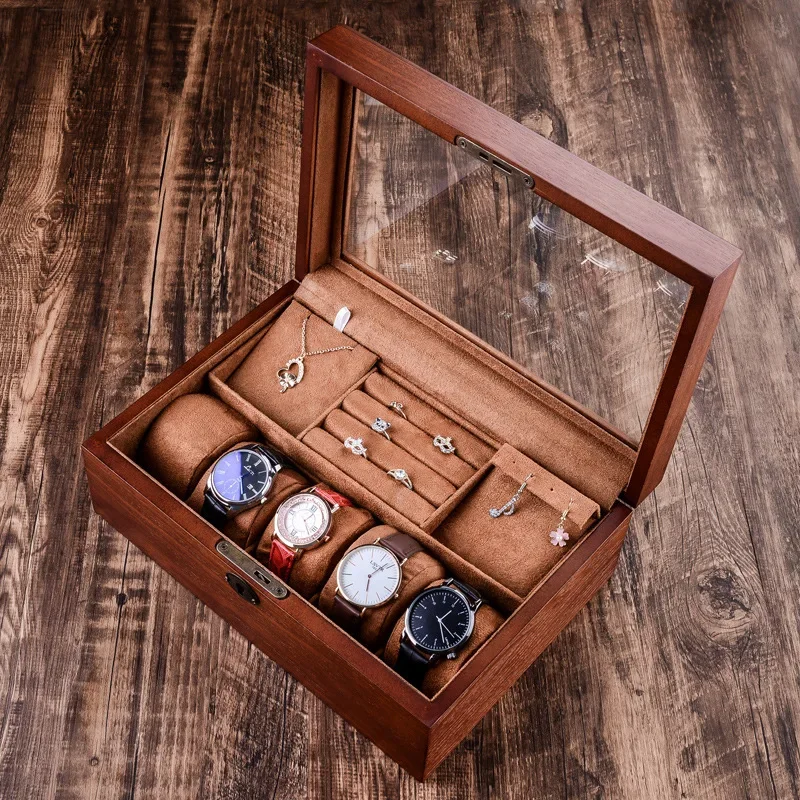 Eschenholz Uhr Schmucks cha tulle mit Schloss Glasbox Armband Halskette Manschetten knöpfe Ring Schmuck Doppel Aufbewahrung sbox