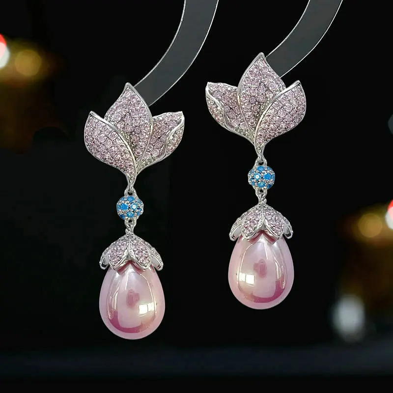 

S925 Silver Needle Retro Elegant Style New Earrings With Zircon Inlaid Flower Droplets Pearl Earrings