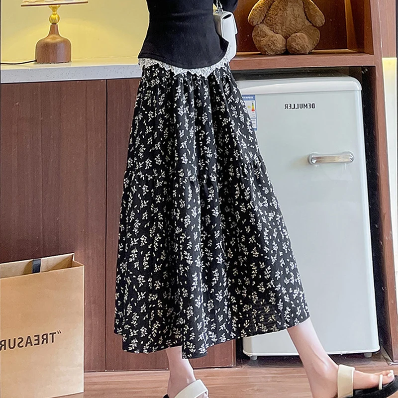 Chic Floral พิมพ์กระโปรงยาวผู้หญิงฤดูใบไม้ผลิฤดูใบไม้ร่วงใหม่เอวยางยืด Big Swing A-Line กระโปรงผู้หญิงความงาม Vintage Midi กระโปรง