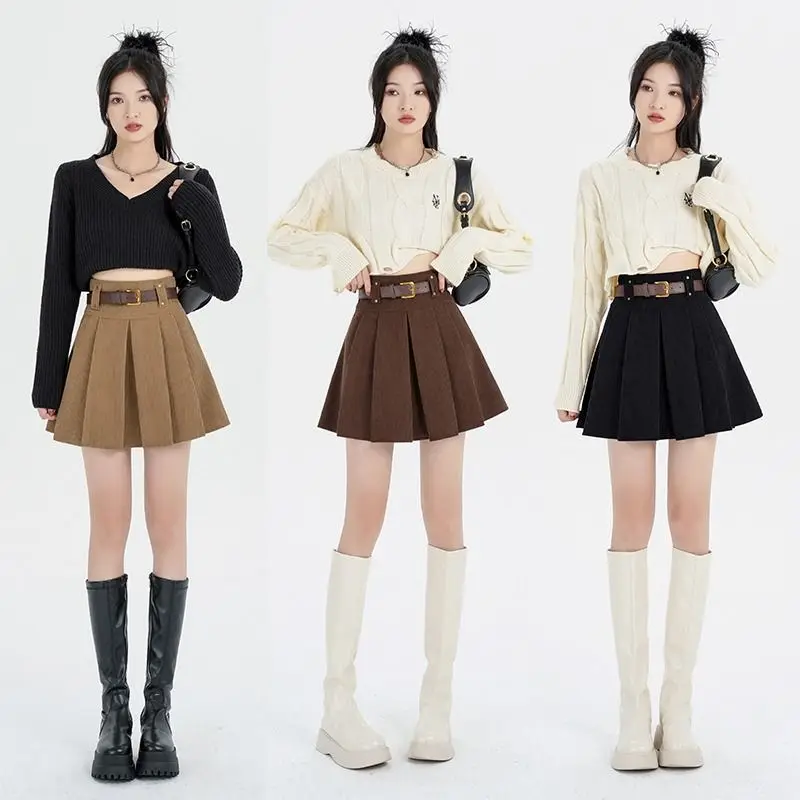 Retro Coffee Colored Pleated Skirt for Women New Autumn Versatile High Waisted A-line Skirt Small Stature Slimming Short Skirt