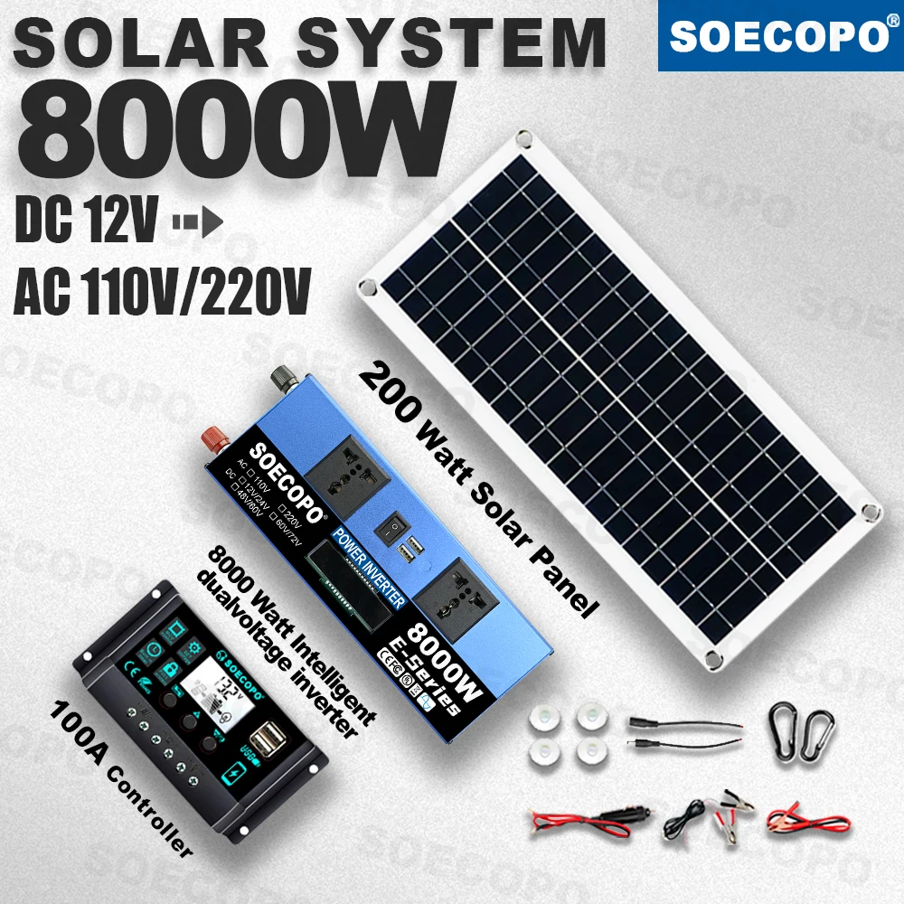 

SOECOPO 8000W Dual-Voltage Solar System Kit 12V to 110V/220V Inverter 200W Panel 100A Controller for Off-Grid Home, RV & Camping