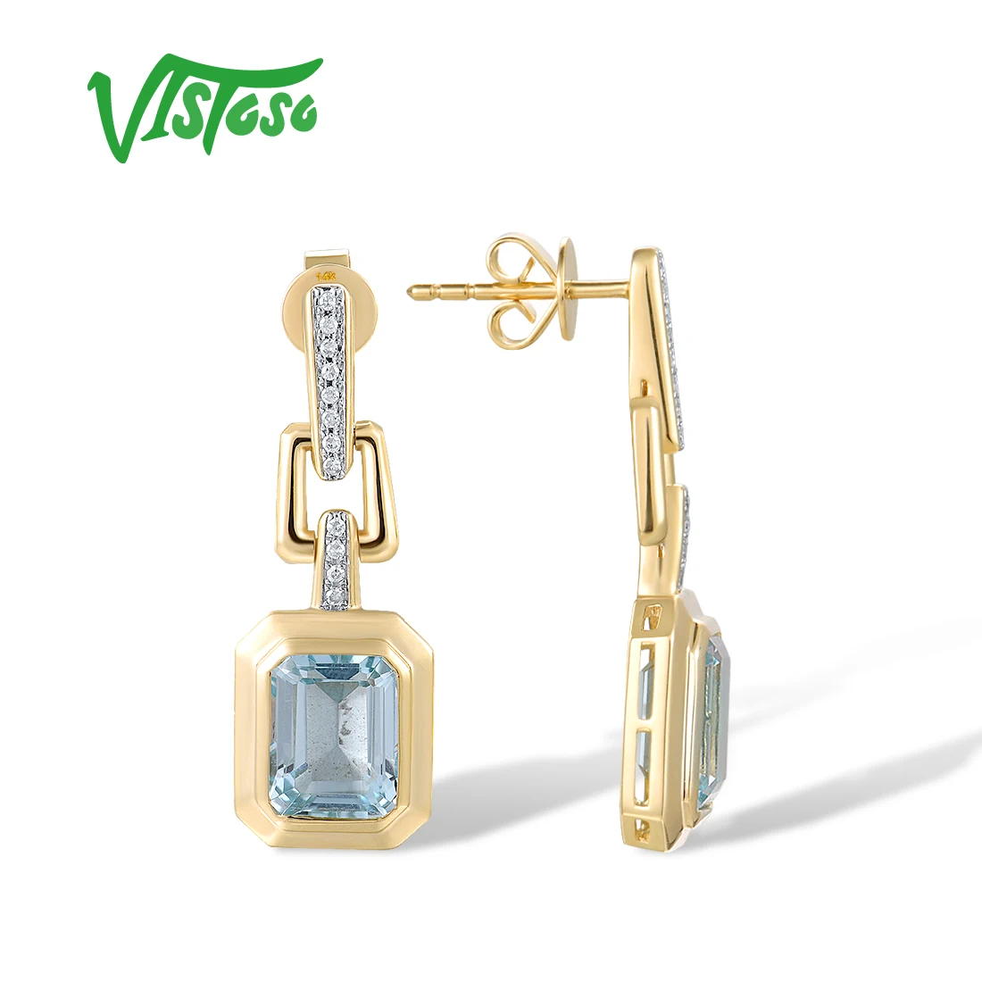 VISTOSO Pure 14K 585 Yellow Gold Stud Earrings For Women Sparkling Diamonds Sky Blue Topaz Dangling Square Delicate Fine Jewelry