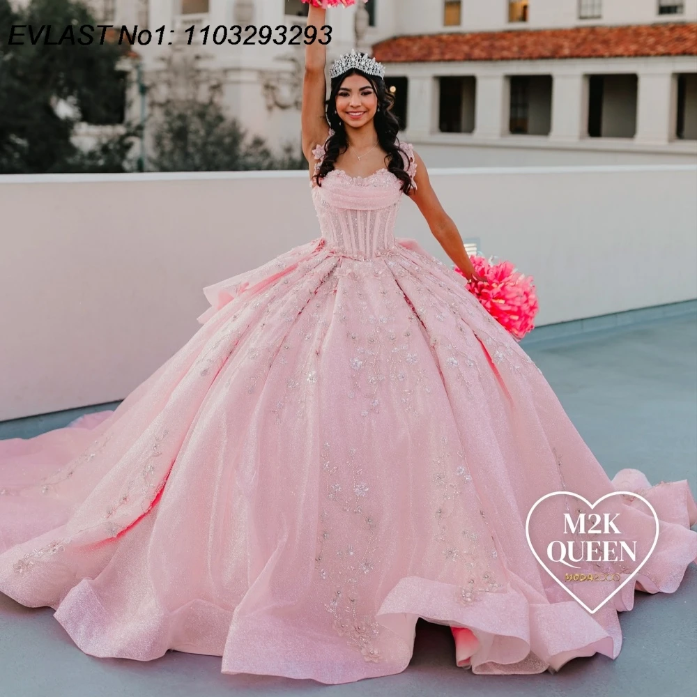 EVLAST Customized Pink Quinceanera Dress Ball Gown Lace Applique Crystal Beaded Bow Corset Sweet 16 Vestidos De 15 Anos E1QN710