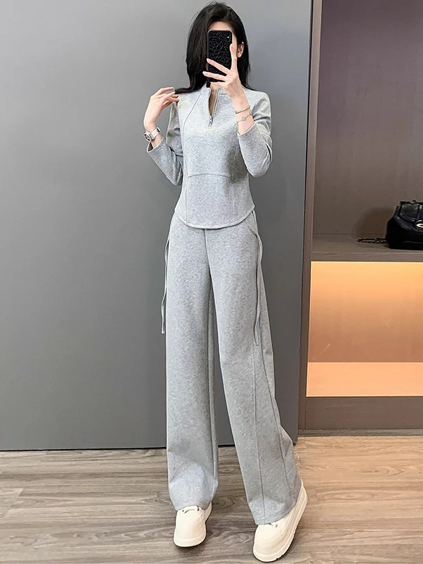 

Cool Sporty Casual Set Women's Grey Long Sleeve Top Wide Leg Pants Two Piece Set Fashionable Anti-Aging for the Autumn Season