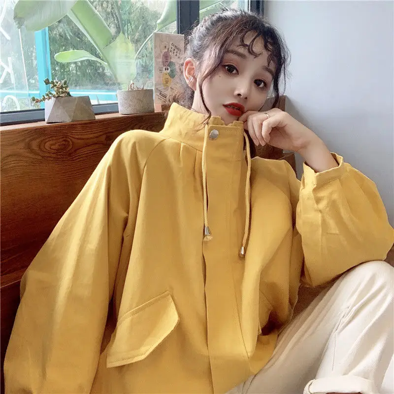 

Basic Jackets Women Safari Style Solid Students Ulzzang Loose All-match Casual Tops Chic Simple Drawstring Pocket Stand Collar