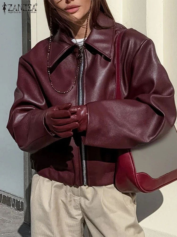 

ZANZEA American Retro Women's PU Leather Jackets 2025 Trend Loose Casual Long Sleeve Zip-Up Coats Streetwear Solid Outerwear