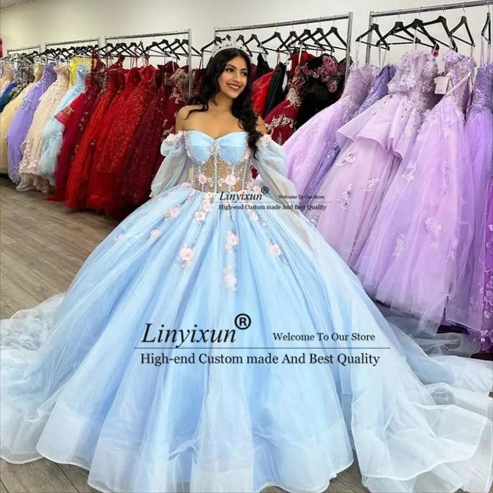 Blue Off The Shulder Flower Lace Appliques Quinceanera Dresses for Sweet Lace Appliques 15 Year Puffy Ball Gown Princess Gowns