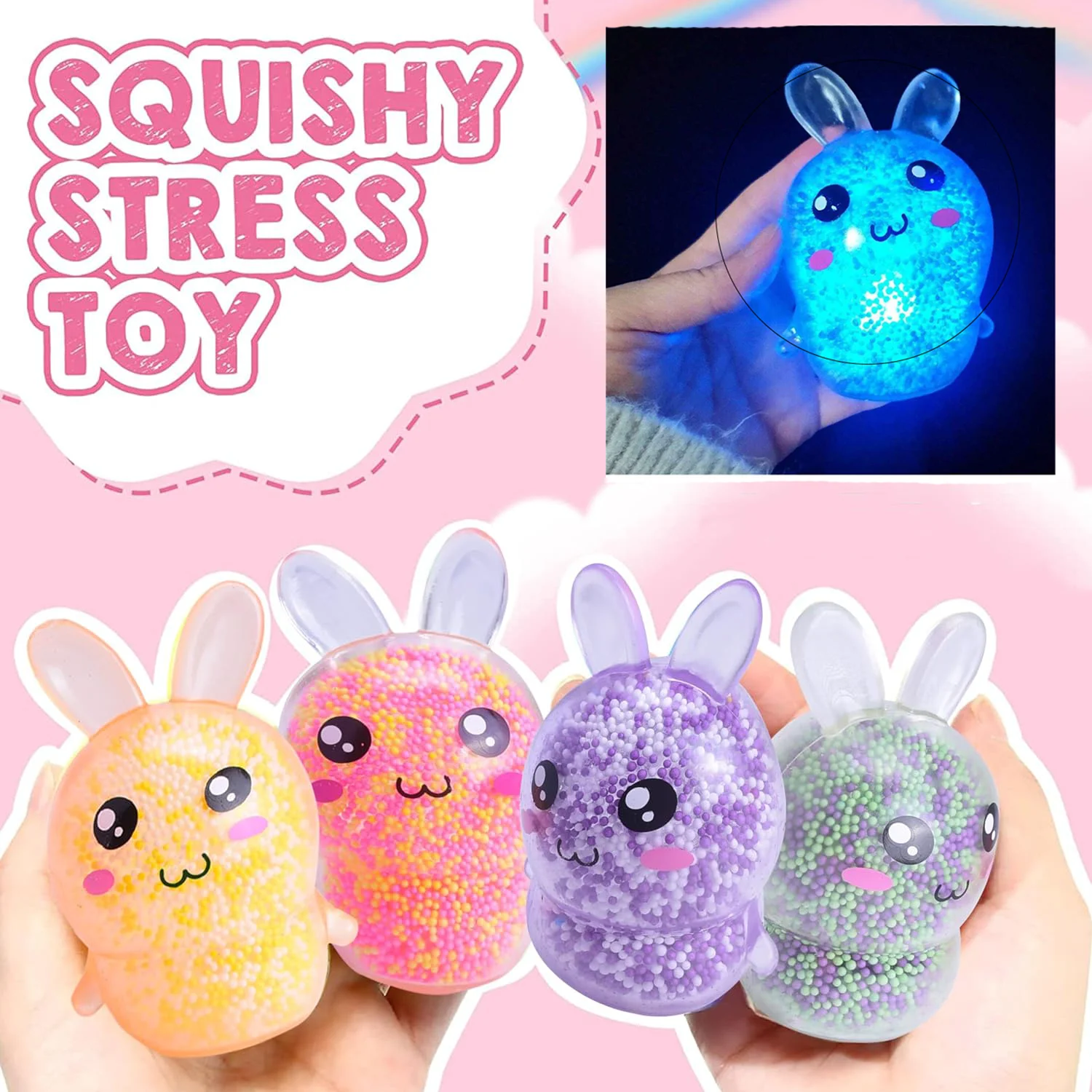 1-6pcs Large Squishy Bunny Stress Balls with Light Kids Fidget Toys Stress Relief Toy Girls Rabbit for Easter Basket Stuffers