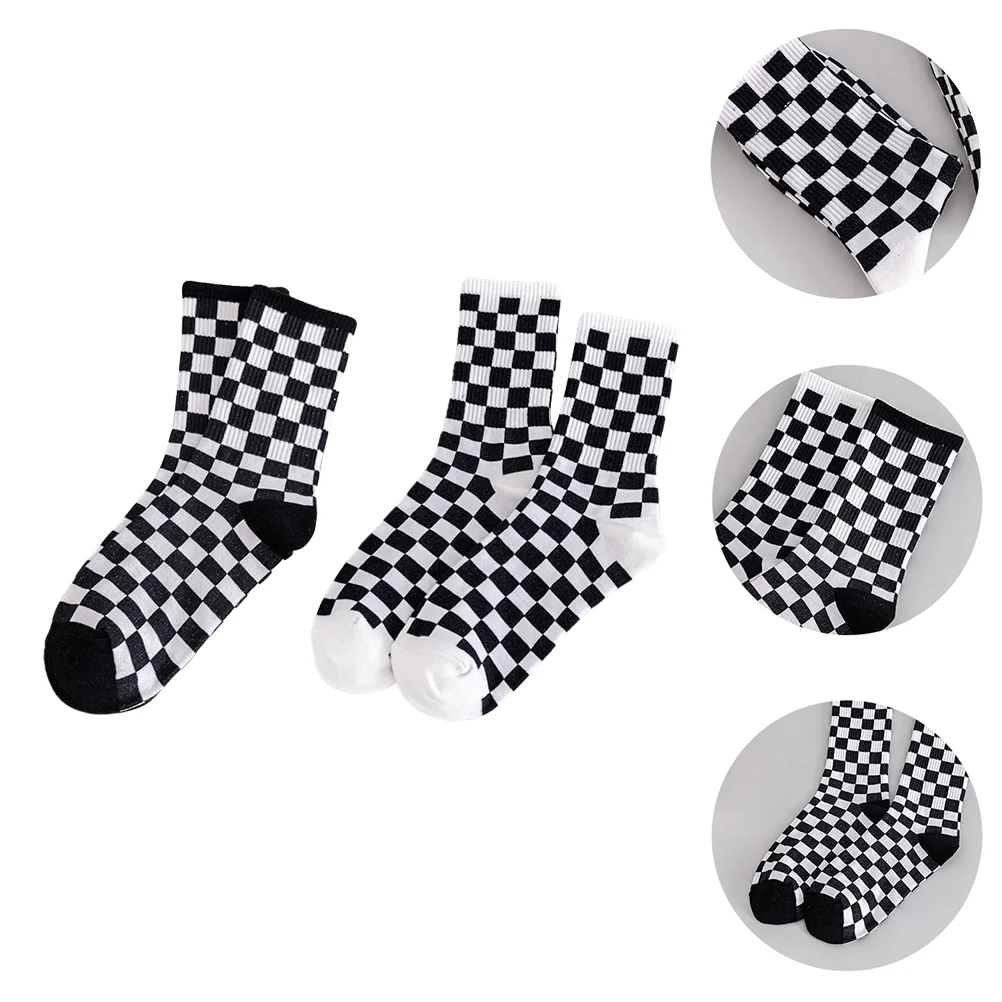 

2 Pairs Socks Plaid All Season Classic Black-white Mid-tube Stockings Japanese-style Warm Pure Cotton