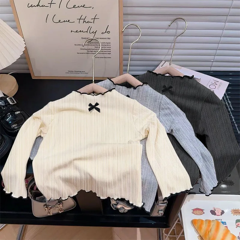 Girls' Outerwear Long-Sleeve Base Shirt 2026 Spring and Autumn New Style Bowknot Ruffle Edge Top Simple Versatile for Baby Girls