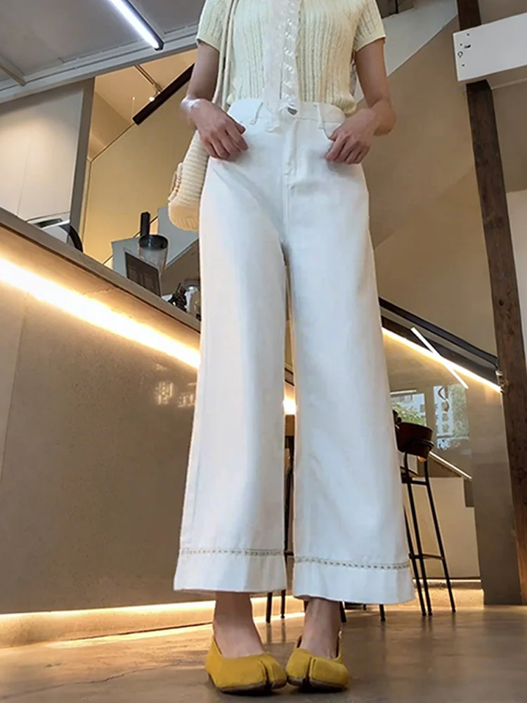 Vaqueros blancos de pierna ancha para mujer, cintura alta, holgados, adelgazantes, drapeados, de talla grande, informales, con cremallera, novedad de otoño