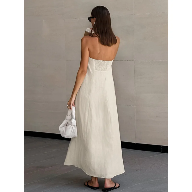 FB-2025 فستان صيفي مثير من القطن الكاكي بدون حمالات للنساء لقضاء العطلات تنورة راميالين غير رسمية ملابس نسائية