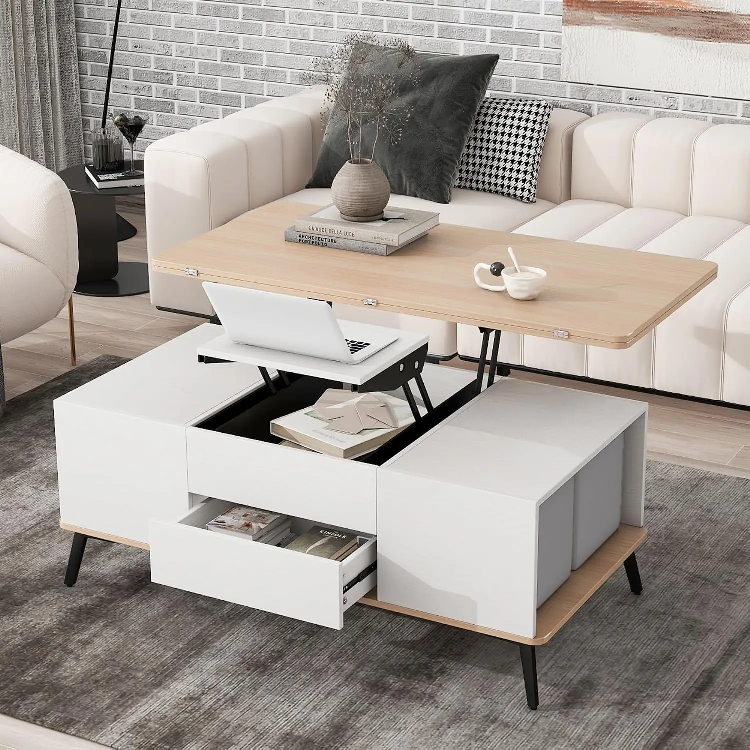 5 Pieces Lift Top Coffee Table Set with Storage Convertible Dining Table with Ottomans,Rectangular Cocktail Table with Hidden Co