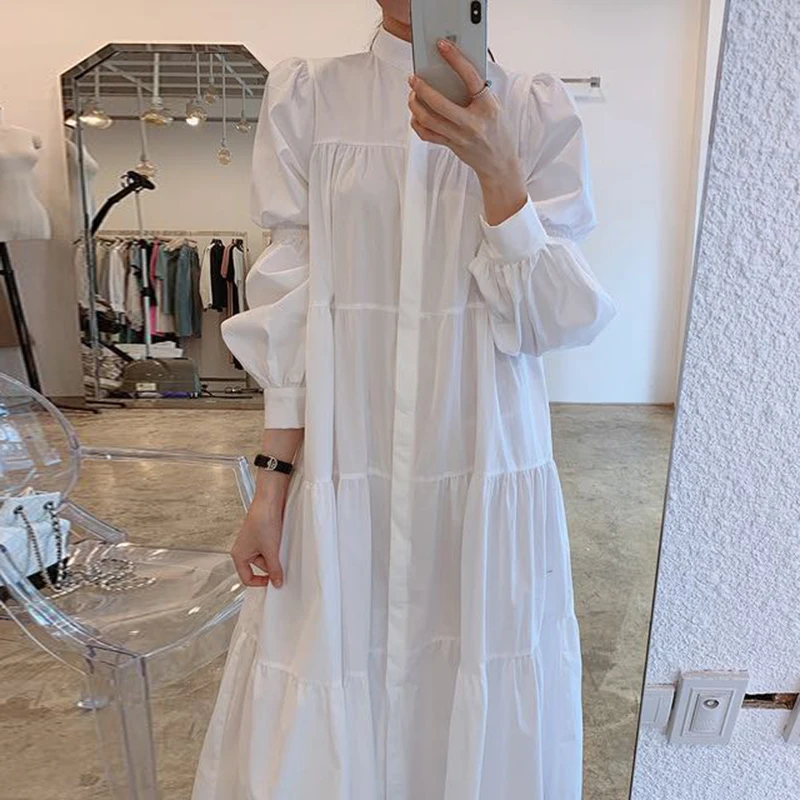 E y Chic Vestido Csero con Cuello Alto y Mangas Abullonadas, Falda Larga, Estilo Hoado para Mujer, Versión Corean...