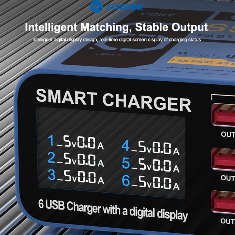 Sunshine SS-304Q USB Smart Lightning Charger 6 Ports USB Quick Charge 3.0 Digital Display Fast Charging Device