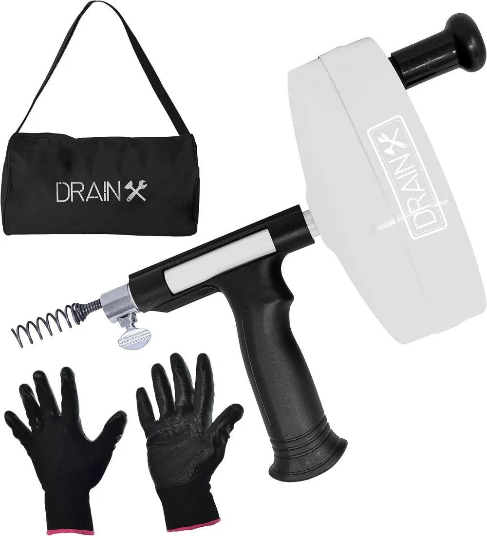 Drainx Pro 50-FT Heavy Duty Steel Drum Drain Auger Plumbing Snake with Work Gloves and Storage Bag