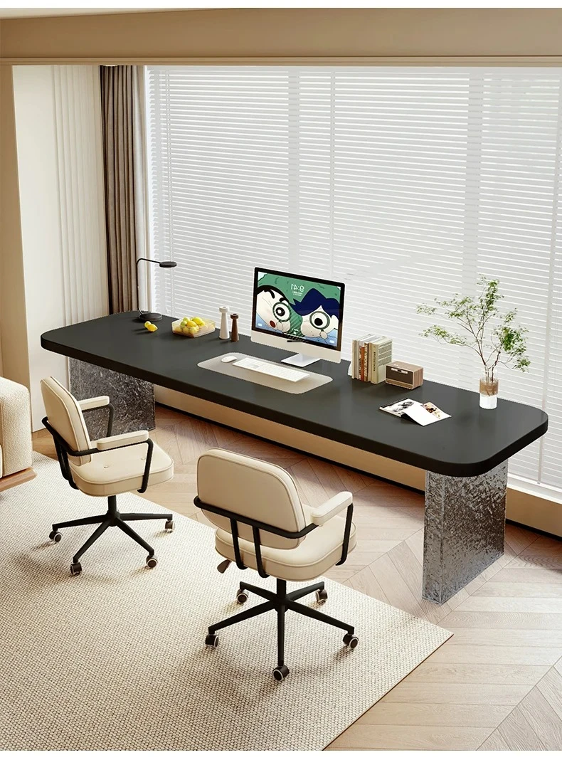Factory Direct 2026 Solid Bamboo & Ash Wood Computer Desk Contemporary White Cream Style Stone Pattern Double Long Office Furnit