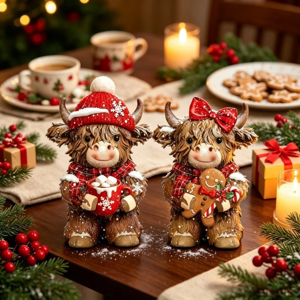 Christmas Highland Cow Wooden Desktop Ornament 2-piece Set with Gingerbread Man Design Desktop Fireplace Home Decoration Gift