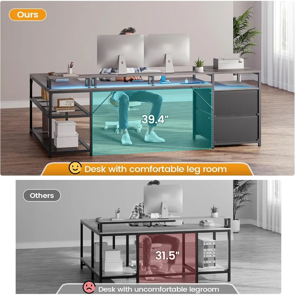 L-Shaped Desk with Storage, LED Gaming Desk, Computer Desk with Drawers and Power Outlet, Reversible Office Desk with Shelves