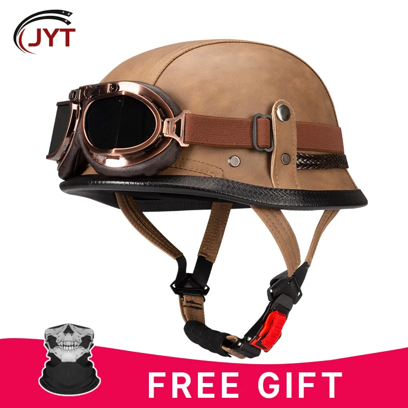 

Motorcycle Helmets Leather German Retro Half Helmet with Goggles Vintage Open Face Moto Cascos Para Motos Adult Men Women DOT