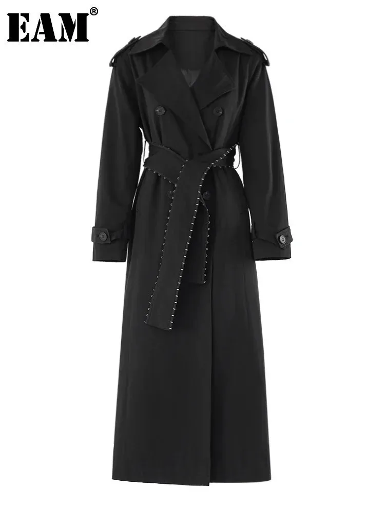 [EAM] Women Black Belted Big Size Long Elegant Trench New Lapel Long Sleeve Windbreaker Fashion Tide Spring Autumn 2025 CPDB265