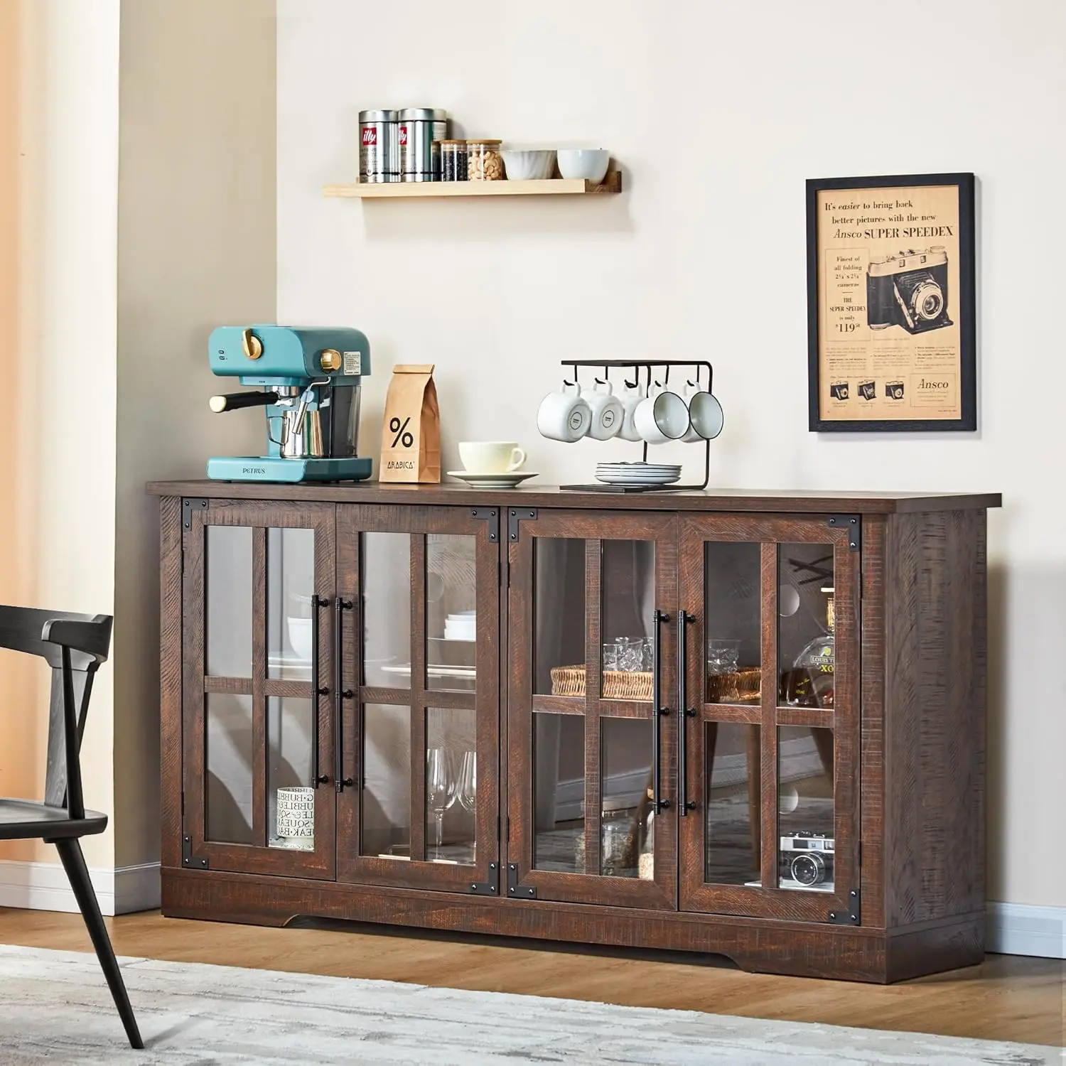 

AMERLIFE 63" Buffet Sideboard Cabinet with Storage, Modern Farmhouse Cabinet with 4 Glass Doors & Adjustable Shelf