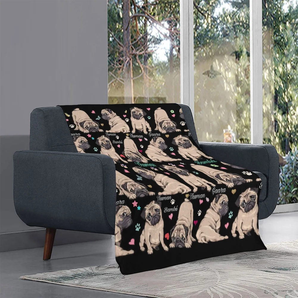 Flannel Blanket Cute Animal Pug Dog Print Soft Cozy Warm Throw Blanket Bed Sofa Nap Knee Blankets Home Bedding Christmas Gifts