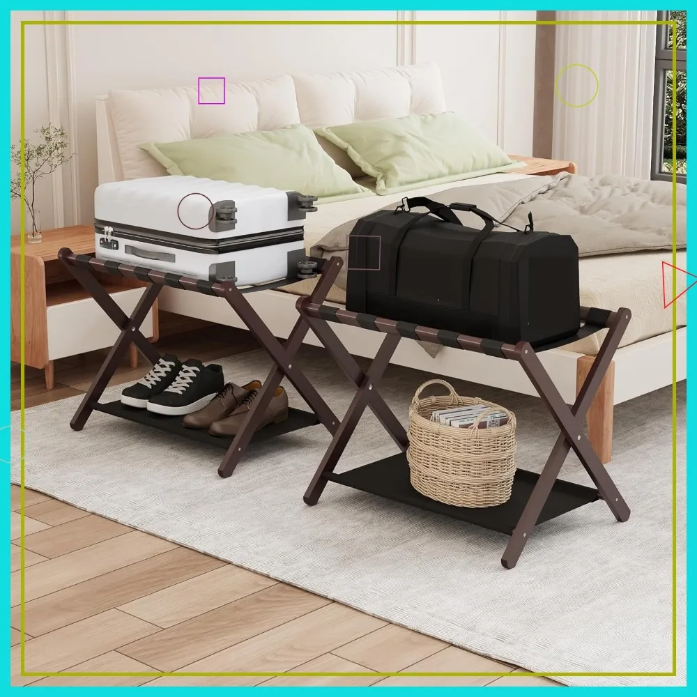 

Foldable Bamboo Luggage Rack with Storage Shelf, Pack of 2 for Bedroom Hotel Use