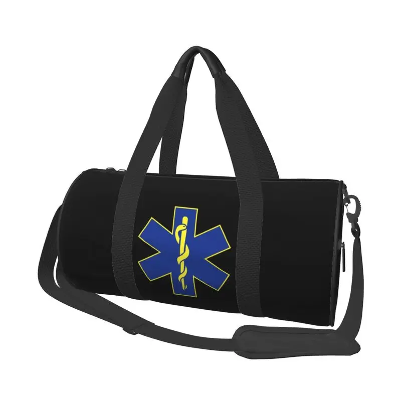 Star of Life Print Round Travel Duffel Bag EMT Paramedic Emergency Medicine Tote Bag Waterproof Durable Sports Gym Fitness Bag