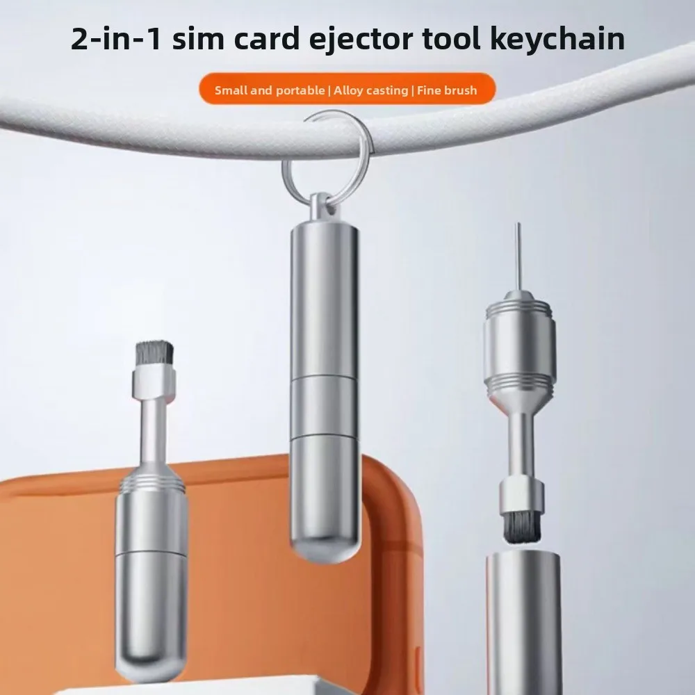 2 in 1 Keychain SIM Card Tray Ejector Pin Anti-Lost Portable Ejecting Removal Needle Cleaning Brush Compact