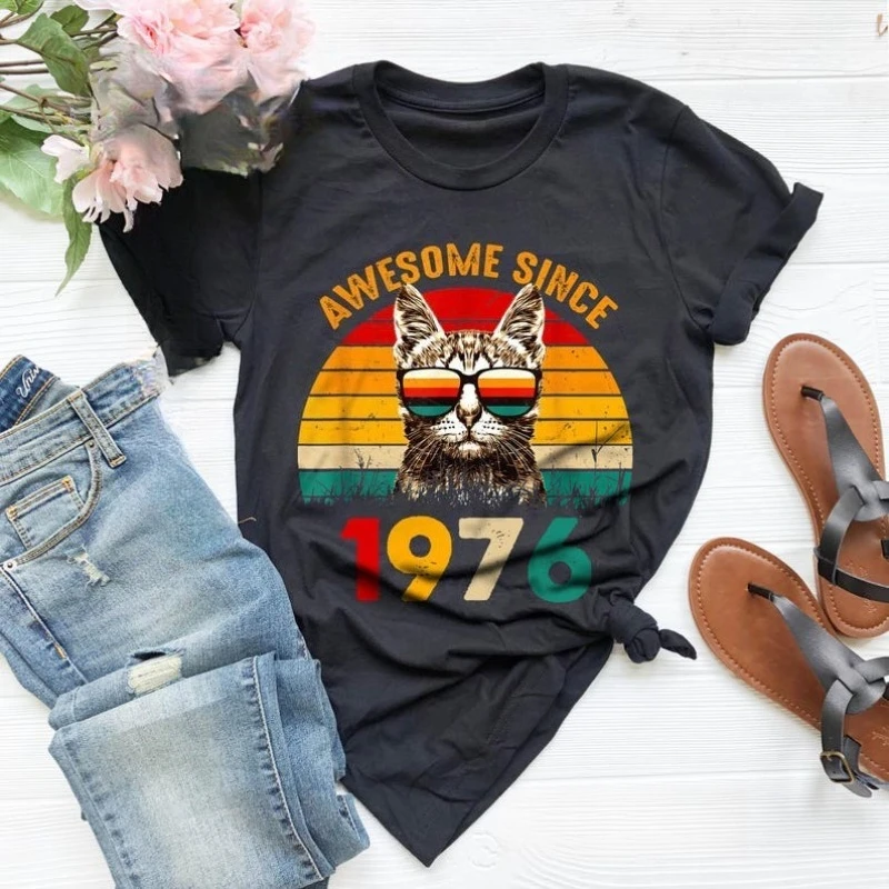 1976 Retro Cool Lovely Cat 50th Birthday Shirt Gift for Women Awesome Since Printed T-shirt Tops  All-match Regular Short Sleeve