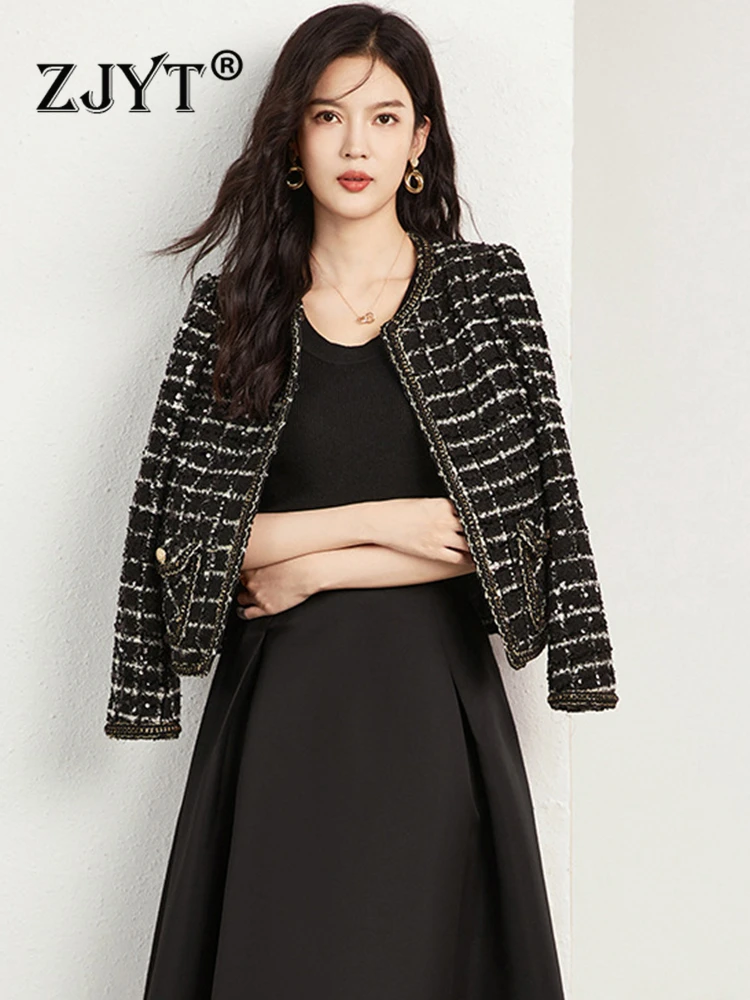

ZJYT Autumn Winter Vintage Tweed Woolen Jacket for Women Ropa De Mujer 2023 Long Sleeve Coat Black Short Outerwear Veste Femme