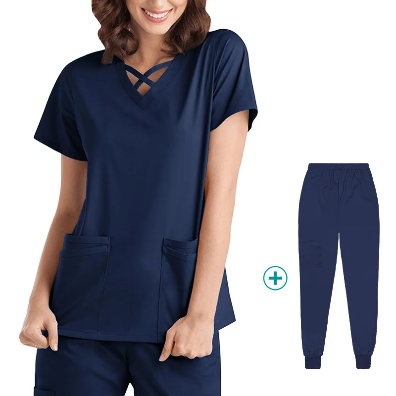 Vrouwen Dragen Stijlvolle Scrubs Sets Medische Ziekenhuisuniform Artsen Verpleegtops En Broek Pakken Effen Kleur Chirurgische Uniformen