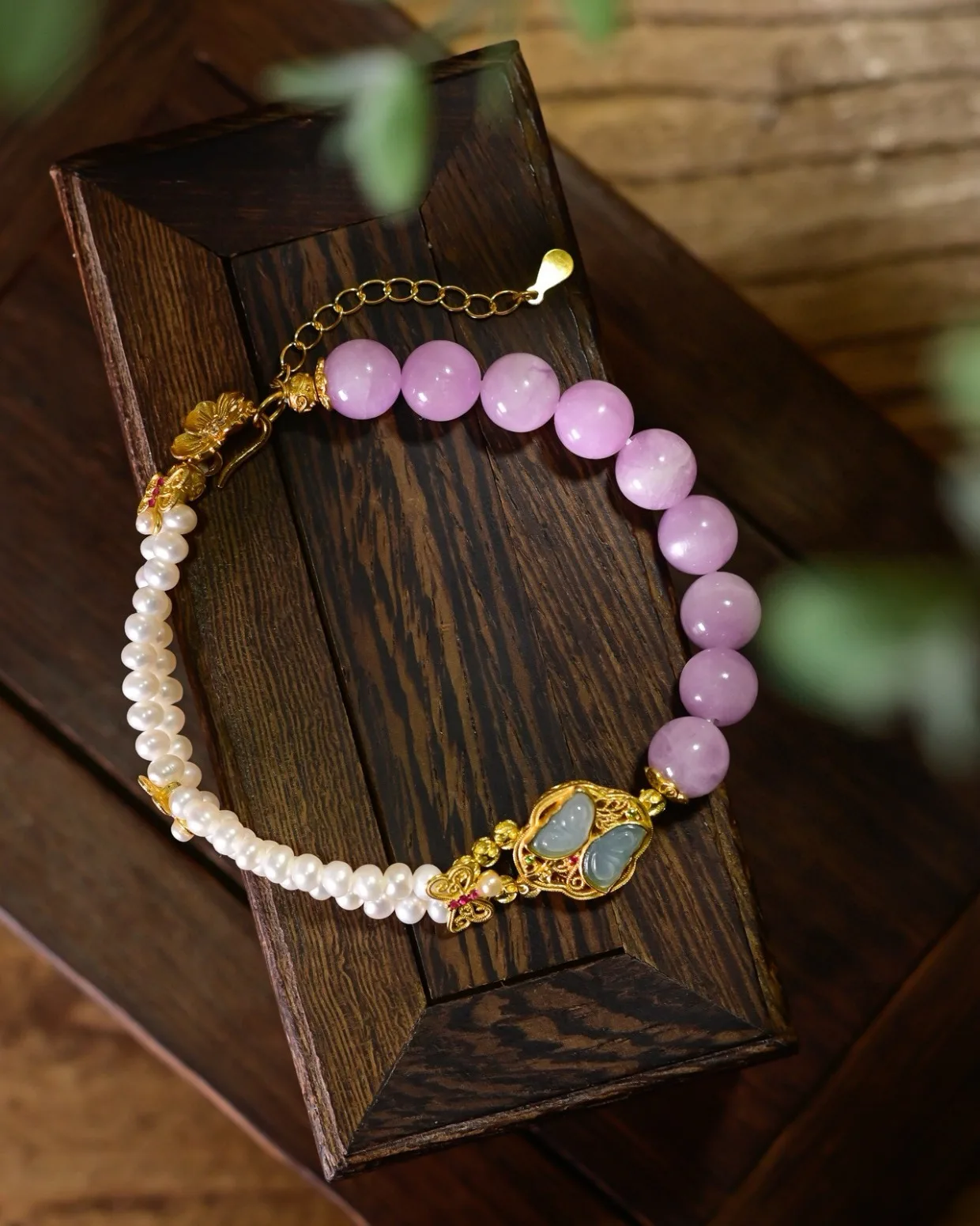 

Natural Kunzite & Freshwater Pearl Bracelet, Blue Jade Butterfly Silver Gilded Chain, Ethereal Purple Gemstone Jewelry