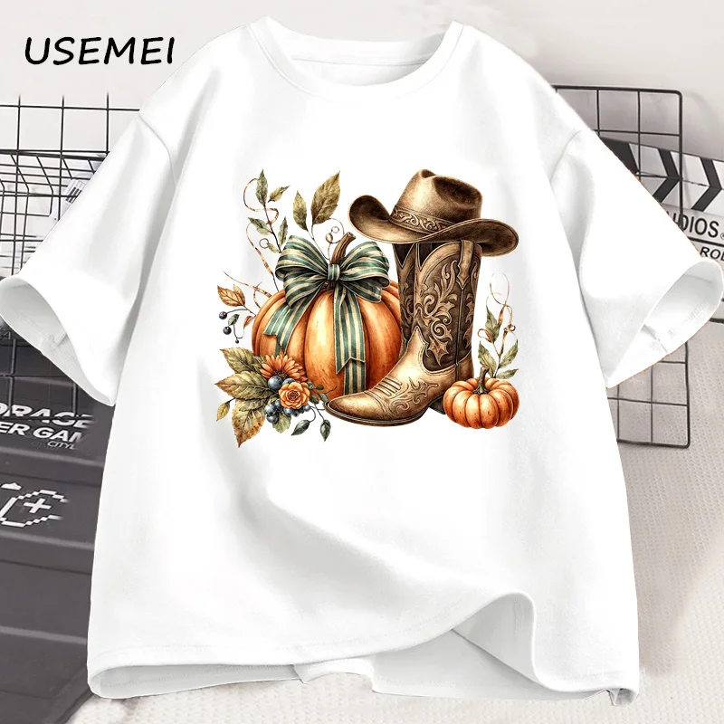 Howdy Pumpkin Tshirt Western Fall Coquette Bow Halloween Graphic Tees Fall Vibes Country Cowgirl T Shirt Women Csual Cotton Tees