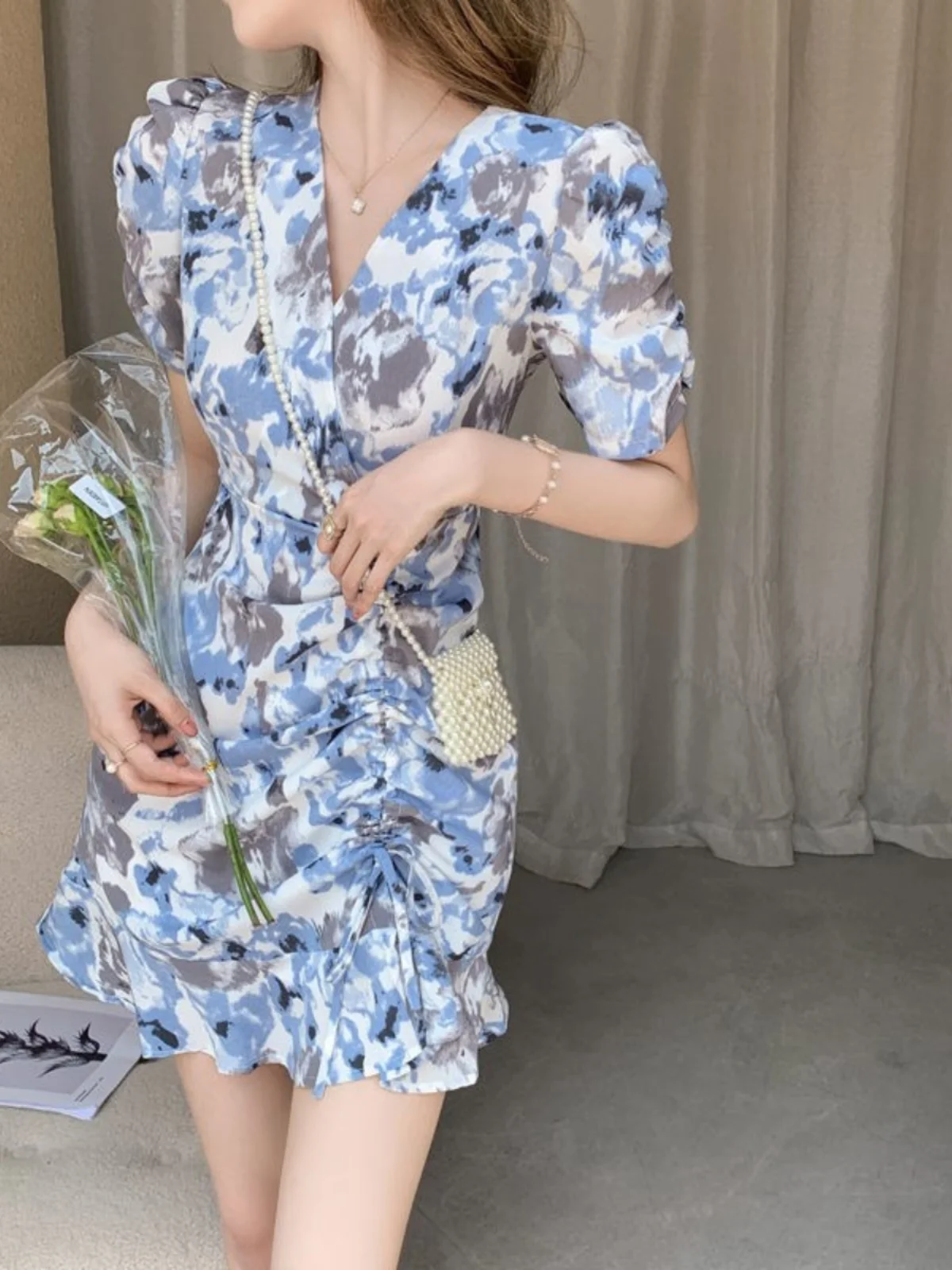 Floral V-neck Slimming Dress Women's Fashion 2024 Summer Tie Dye Design Drawstring Fish Tail Skirt Zipper A-line Dress