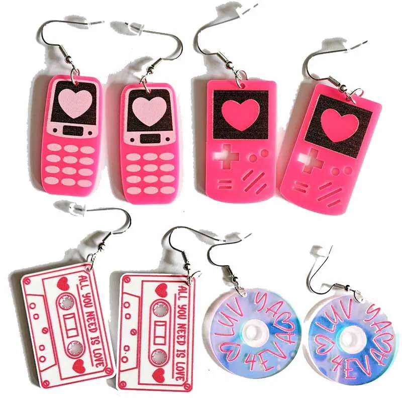 Hot Pink Valentine's Day Earrings Vintage Love Game Machine Magnetic Tape Record Phone Earrings Valentine's Day Decorate Jewelry