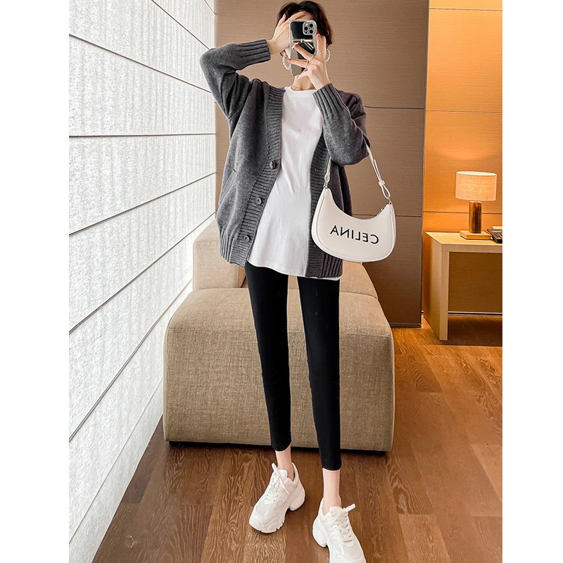 Slim Large Pregnant Women's Cardigan Coat+T-shirt Top Solid Color Classic Simple Maternity Suits Elegance Fashion Two Piece Sets