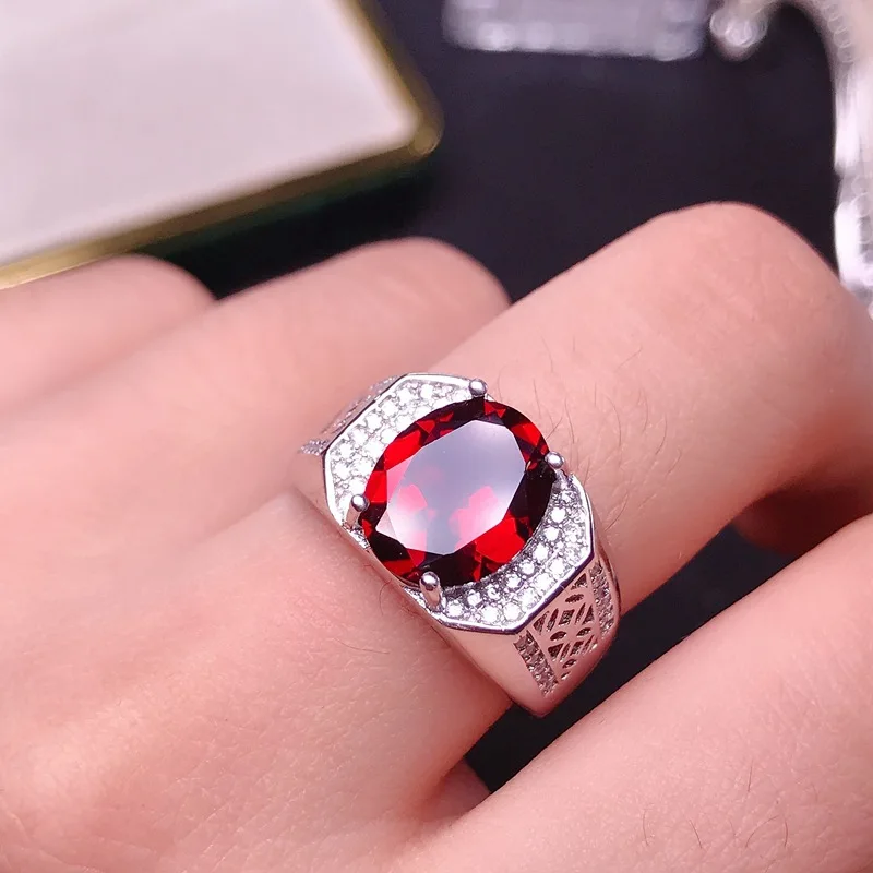 Sace gemas redimensionáveis 9*11mm natural garnet anel de luxo para o homem 925 prata esterlina casamento noivado jóias finas presente atacado