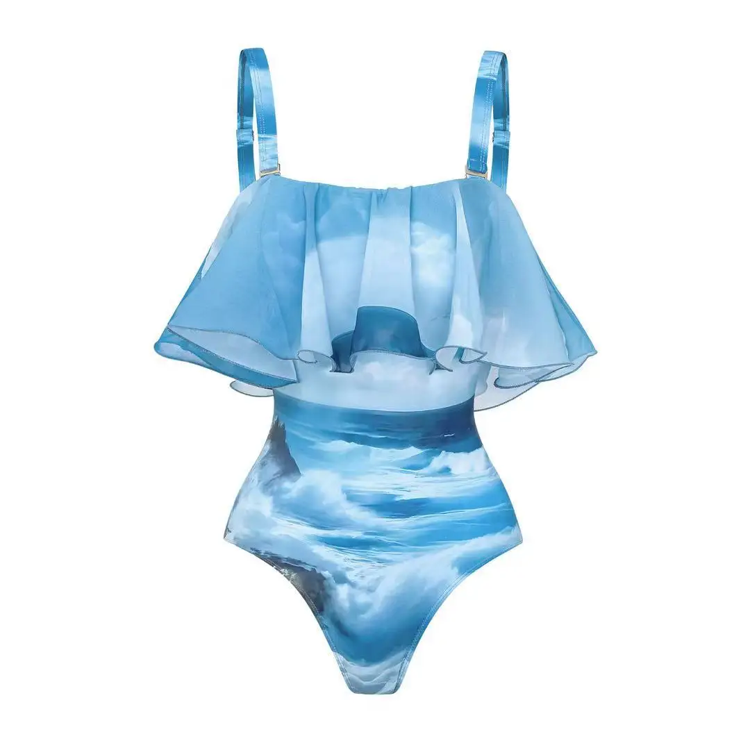 ฤดูร้อนชุดว่ายน้ํา One Piece Conservative Net-printed Ruffled ชุดว่ายน้ําสตรีสไตล์ชายหาดชุดเสื้อผ้าสตรี