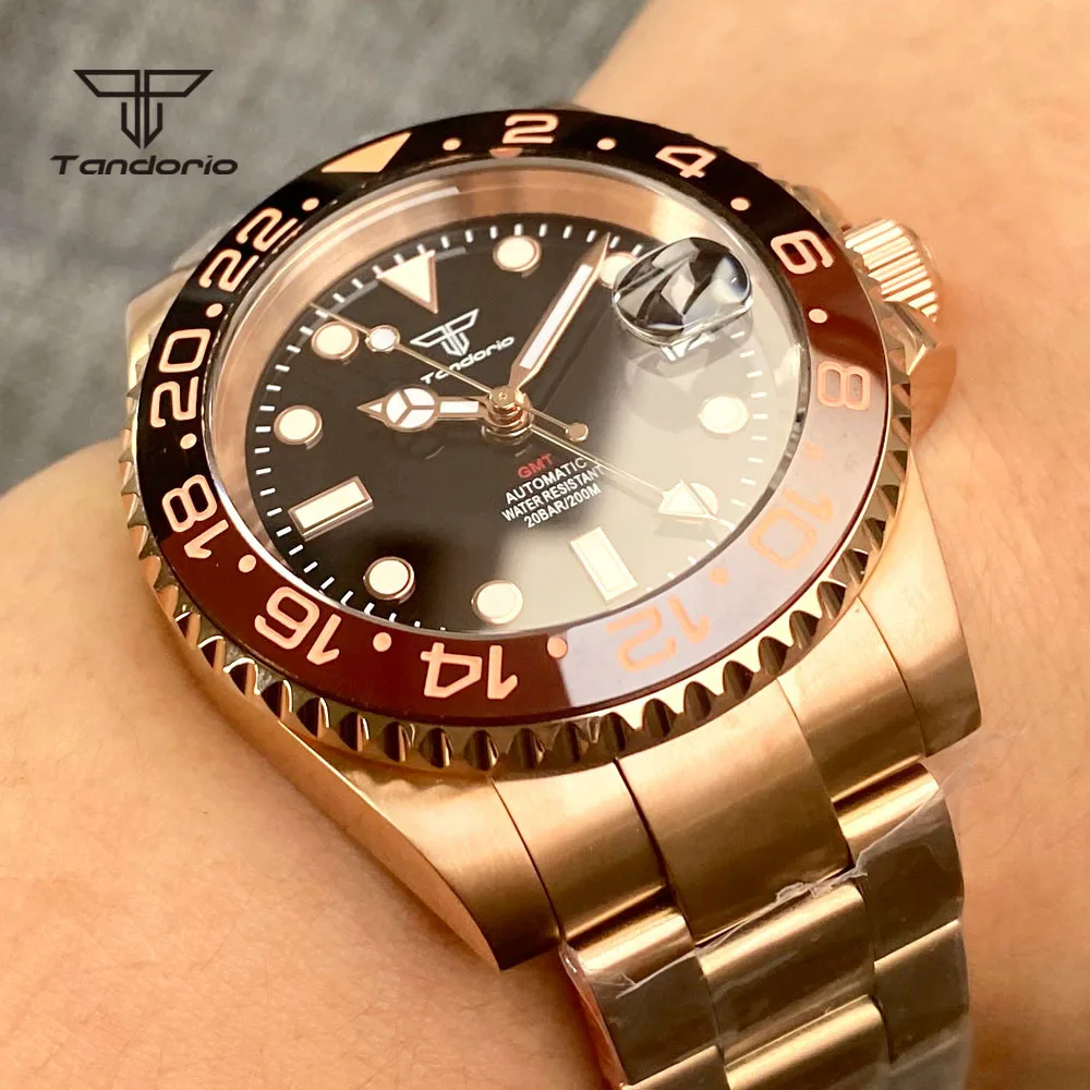 Tandorio Rose Gold Coated 200M GMT NH34A Men Automatic Dive Watch 120 Clicks Rotating Bezel Screw Crown Sapphire Glass Auto Date