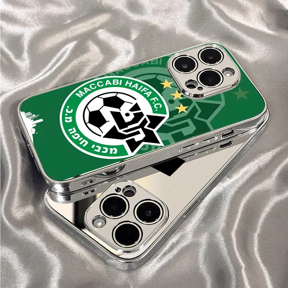 Funda para Teléfono M-Maccabi H-Haifa para iPhone 17 16 15 14 13 12 Pro Max Plus, Carcasa Metálica Electrochapada, Delgada, con Parte Trasera de Vidrio Templado