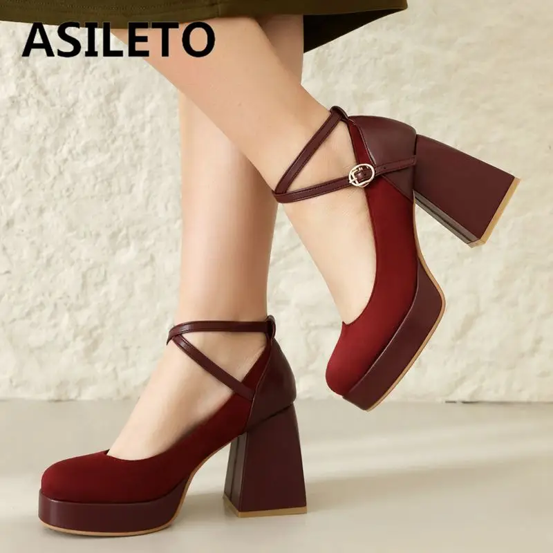 ASILETO Fashion Women Pumps 32 33 Round Toe Block Heels 9cm Flock Suede Ankle Buckle Strap Plus Size 44 45 Wedding Party Shoes