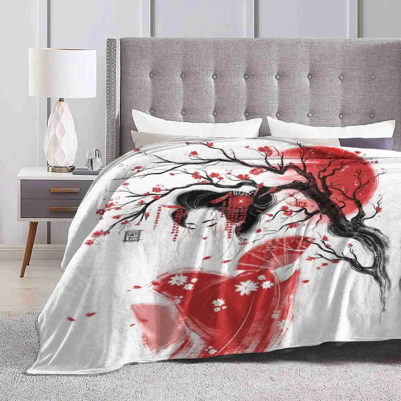 

Red Geisha New Selling Custom Print Flannel Soft Blanket Geisha Japanese Girl Sketch Watercolors Red Sun Sakura