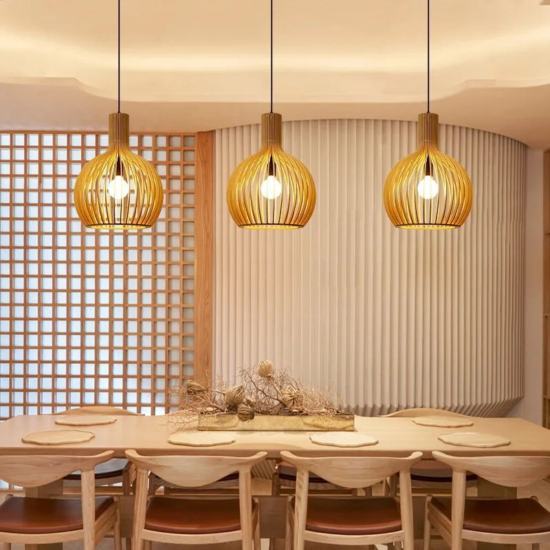 

Элегантный деревянный светильник в виде птичьей клетки, одинарный подвесной светильник в азиатском стиле для столовой, кабинета, спальни, веранды