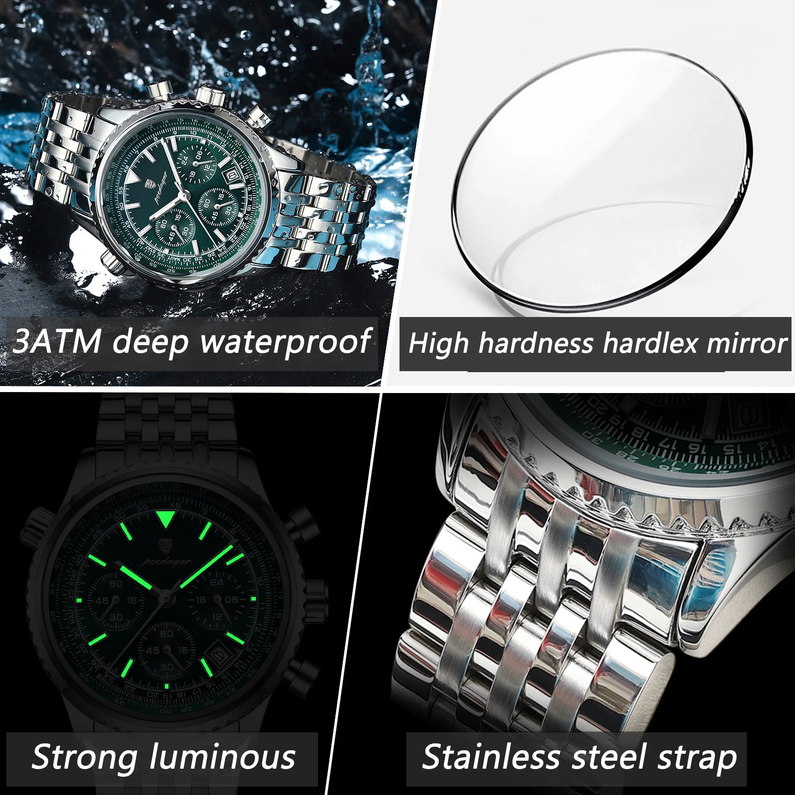 POEDAGAR Luxury Business Men's Watch Stainless Steel Chronograph Date Sport Quartz Man Clock Waterproof Luminous Military Watches For Men