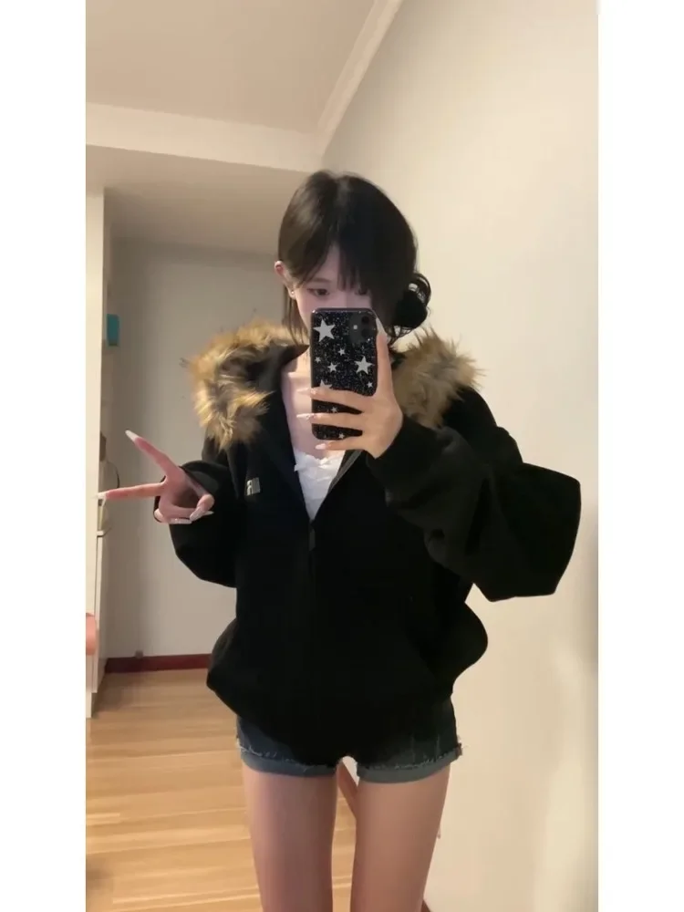 Women Black Zip Up Hoodies Vintage Korean Preppy Style Faux Fur Coat Oversized Casual Sweatshirt Harajuku Autumn Winter